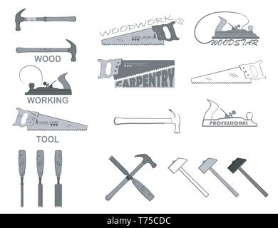set of tools for working with wood. have a hammer, planer, circular saw and a hacksaw. Stock Vector