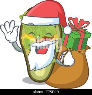 Santa with gift stuffed avocado in the mascot shape Stock Vector