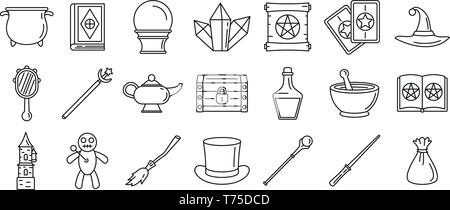 Magic wizard tools icons set. Outline set of magic wizard tools vector icons for web design isolated on white background Stock Vector