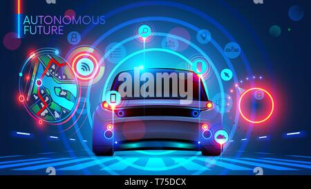 Autonomous Car on road wireless communication with smart city infrastructure. self driving or driverless vehicle technology concept. Future concept Stock Vector