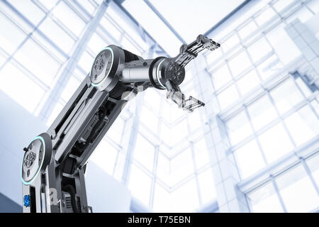 Automation factory concept with 3d rendering robotic arm in factory Stock Photo