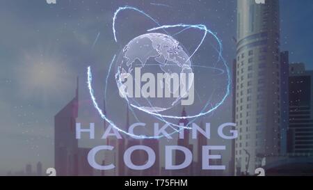 Hacking code text with 3d hologram of the planet Earth against the backdrop of the modern metropolis. Futuristic animation concept Stock Photo