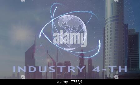Industry 4-th text with 3d hologram of the planet Earth against the backdrop of the modern metropolis. Futuristic animation concept Stock Photo