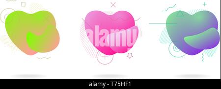 Liquid color abstract geometric form love heart shapes set. Fluid modern plastic abstract colorful waves. Dynamic color composition. Vector greeting g Stock Vector