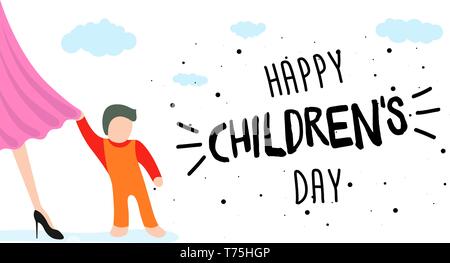 Happy Childrens Day greeting card, banner or poster. Little child clings to mom dress. 1 june world family holiday event design. Vector illustration w Stock Vector