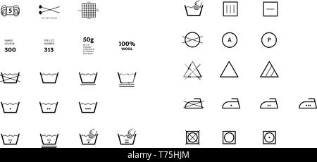 Yarn label laundering information. Vector icons fabric feature, garments property symbols. Wind proof, wool, waterproof, uv protection. Linear wear la Stock Vector