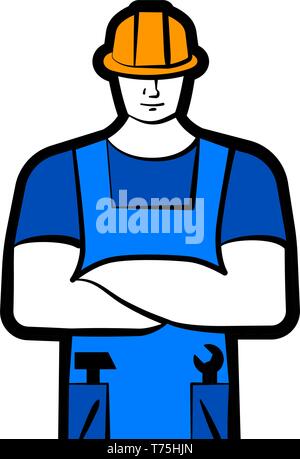 Male worker or builder in working blue clothes and construction helmet. Working concept. Vector illustration Stock Vector