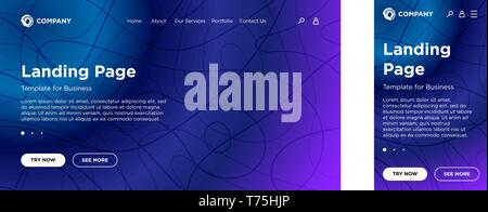 Landing page blank template desktop PC and mobile adaptive version. Minimal geometric background. Dynamic volume lines composition. Vector design for  Stock Vector