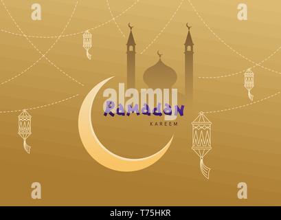 Ramadan Kareem islamic vector design mosque dome and tower, crescent moon, lantern. Arabic shining lamps on gold background, calligraphy words. Holy m Stock Vector