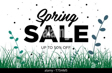 Spring sale offer promotion banner with beautiful grass. Special discounts mockup. Poster for promotions, magazines, advertising, web sites. Vector gr Stock Vector