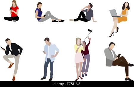 People man and woman with gadgets smartphones. Teenager and business woman or man with smartphone, laptop and other devices. Vector illustration Stock Vector