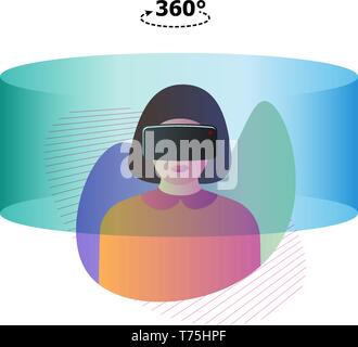 Female wearing virtual reality headset glasses. Vr interface world design template. Future innovation technology vector modern illustration Stock Vector