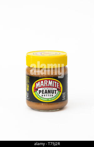 Marmite crunchy peanut butter jar on a white background Stock Photo
