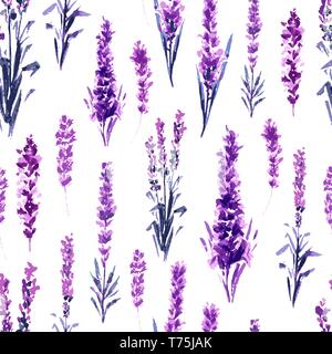 Lavender Field Seamless Pattern. Watercolor or Aquarelle Paintings of Provence Lavandula. Hand Drawn Tea Herbs Flower. Summer Blossom or Foliage of Garden Plant in Aquarelle. Nature and Perfume. Stock Vector