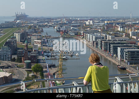 view of New Harbour from the viewing platform of ATLANTIC Hotel Sail City, Bremerhaven, Bremen, Germany Stock Photo