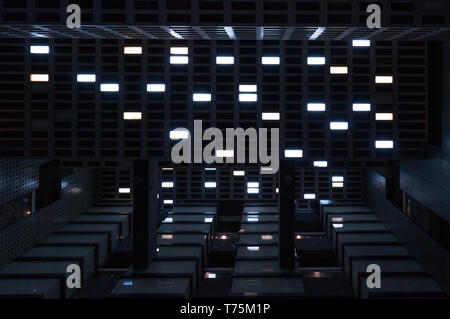The headlight in the celling. Sense of science fiction film. Dark background. Stock Photo