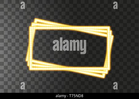 Shining yellow led vector rectangle frames, neon illumination on transparent background. Glowing decorative rectangle tapes of diode ecological lamps Stock Vector