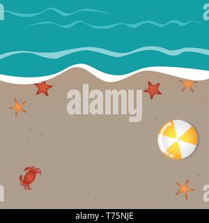 beach background summer holiday design with starfish crab and ball vector illustration EPS10 Stock Vector