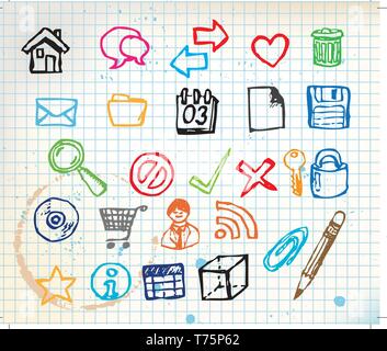 Set of colorful doodle computer icons for your webdesign on squared paper Stock Vector