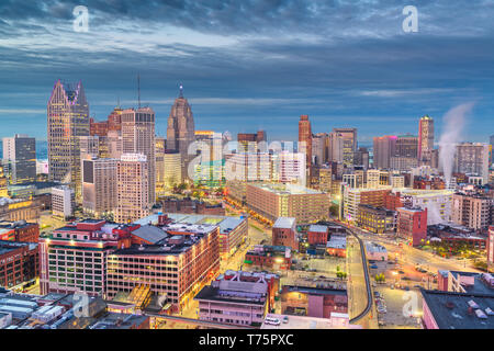 Detroit, Michigan, USA downtown skyline from above at dusk. Stock Photo