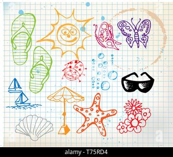 Summer doodle elements - sun, ocean, flower Stock Vector