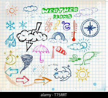 Set of colored grunge weather hand drawing icons on squared paper Stock Vector