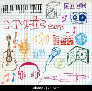 Set of colored music hand-drawn icons on squared paper Stock Vector