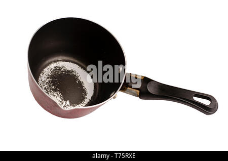 Used cooking pot with damaged coating isolated on white background. Kitchenware concept. Stock Photo