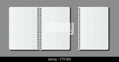 Vector realistic open notepad template. Mock up notebooks with spiral and squares. Stock Vector