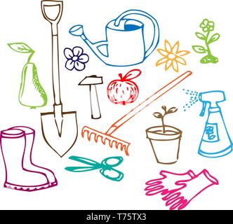 Colorful Garden doodle illustration collection on white background Stock Vector