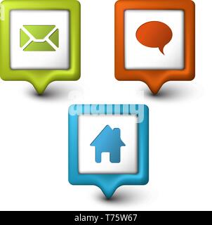Collection of colorful Vector square 3D pointers (email, feedback, home) Stock Vector