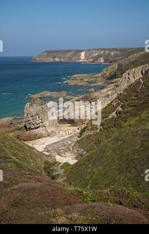 Coastal heathland on the Cap Frehel headland Brittany France Stock Photo