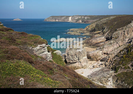 Coastal heathland on the Cap Frehel headland Brittany France Stock Photo