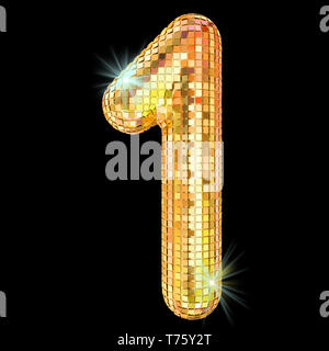 Disco font, number 1 from golden glitter mirror facets. 3D rendering isolated on black background Stock Photo