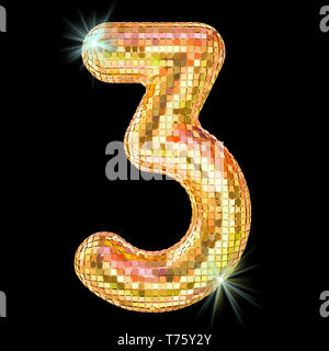 Disco font, number 3 from golden glitter mirror facets. 3D rendering isolated on black background Stock Photo