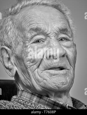 Monochrome portrait of an old Spanish man. Igea, La Rioja, Spain. Black and White Stock Photo