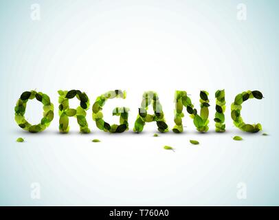 Organic - vector word made from fresh green leafs on a blue background Stock Vector