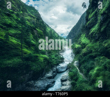 Beautiful mountains covered green grass. Moody landscape with mountain valley, river, waterfall, meadows and forest, sky with clouds in summer in Nepa Stock Photo