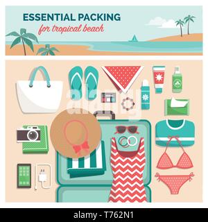 Essential packing for tropical beach: packing list for a summer travel vacation in exotic destinations with suitcase and flat lay objects Stock Vector