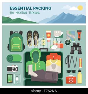Essential packing for mountain trekking, outdoor travel and sport, clothes and accessories top view Stock Vector
