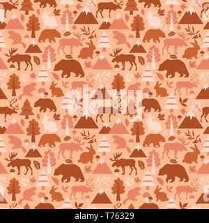 Seamless pattern with cute cartoon , elks, deers, bears, rabbits, beaver, deer, rabbits banny on peach background. Different plants. Funny forest anim Stock Vector