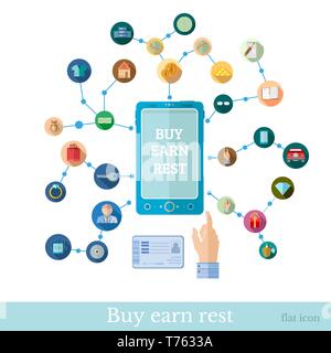 Flat design marketing illustration with set of icons for E-shoping and business operationput with phone Stock Vector