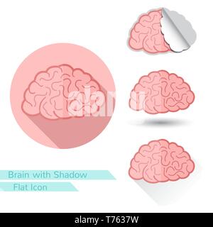 flat icon brain with oval long shadow and folded corner Stock Vector