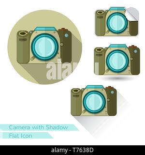 flat icon camera object on white with oval long shadow and folded corner Stock Vector