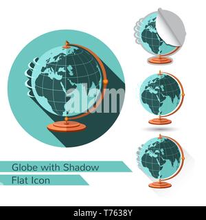 flat icon globe on stand isolated on white with oval long shadow and folded corner Stock Vector