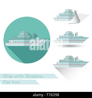 flat icon ship or yacht on white with oval long shadow and folded corner Stock Vector