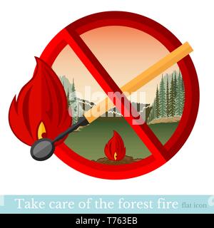 no fire in forest or park.red circle with match Stock Vector