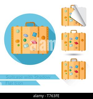 suitcase flat icon on white with oval long shadow and folded corner Stock Vector