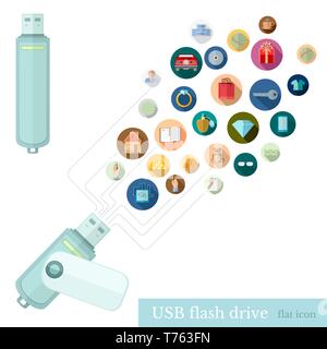 usb flash drive with icons of different informstion upload or get from it Stock Vector