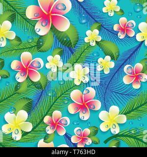 Beautiful seamless floral jungle pattern background. Tropical flowers and leaves. Stock Vector